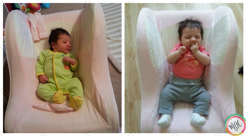 growth spurts in babies -example photo from month 1 to month 2. Baby is in the same day dreamer and is a couple of inches taller.