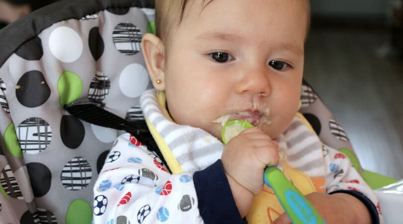 The progression of feeding solid foods to your baby. Starting at 4 to 6 months with purees, and working up to bite sized pieces by 7 months. 