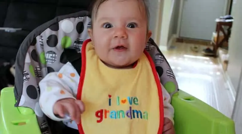 GIVING SOLID FOODS The progression of feeding solid foods to your baby. Starting at 4 to 6 months with purees, and working up to bite sized pieces by 7 months.