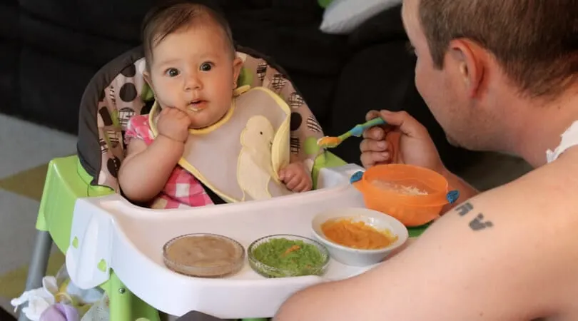 GIVING SOLID FOODS The progression of feeding solid foods to your baby. Starting at 4 to 6 months with purees, and working up to bite sized pieces by 7 months.