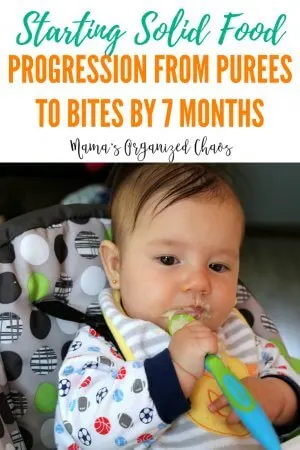 The progression of feeding solid foods to your baby. Starting at 4 to 6 months with purees, and working up to bite sized pieces by 7 months. #baby #solidfood #food #purees #feedingbaby