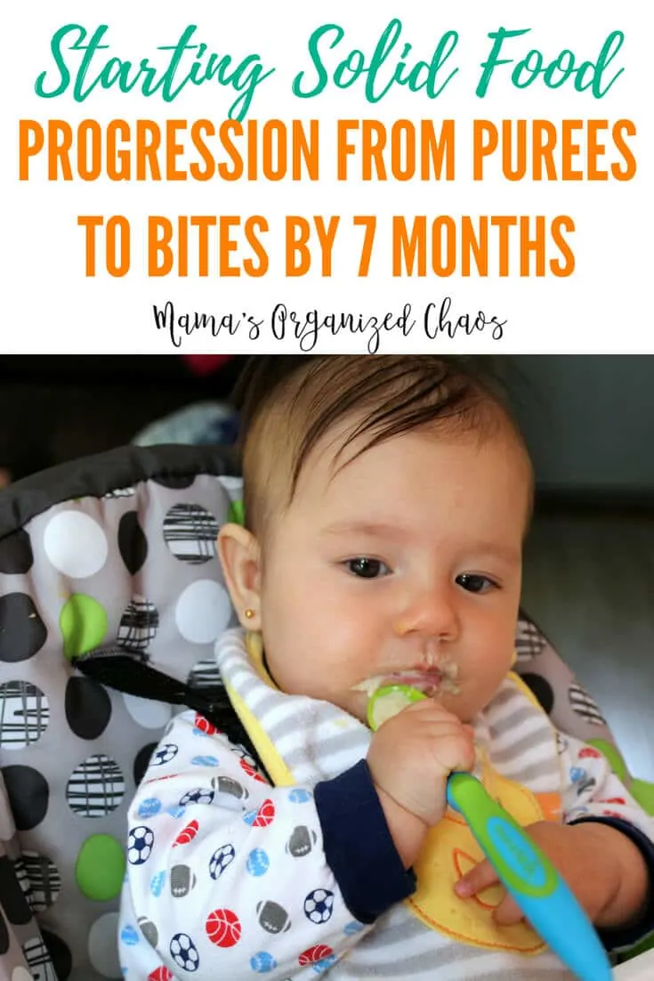 GIVING SOLID FOODS The progression of feeding solid foods to your baby. Starting at 4 to 6 months with purees, and working up to bite sized pieces by 7 months. #baby #solidfood #food #purees #feedingbaby