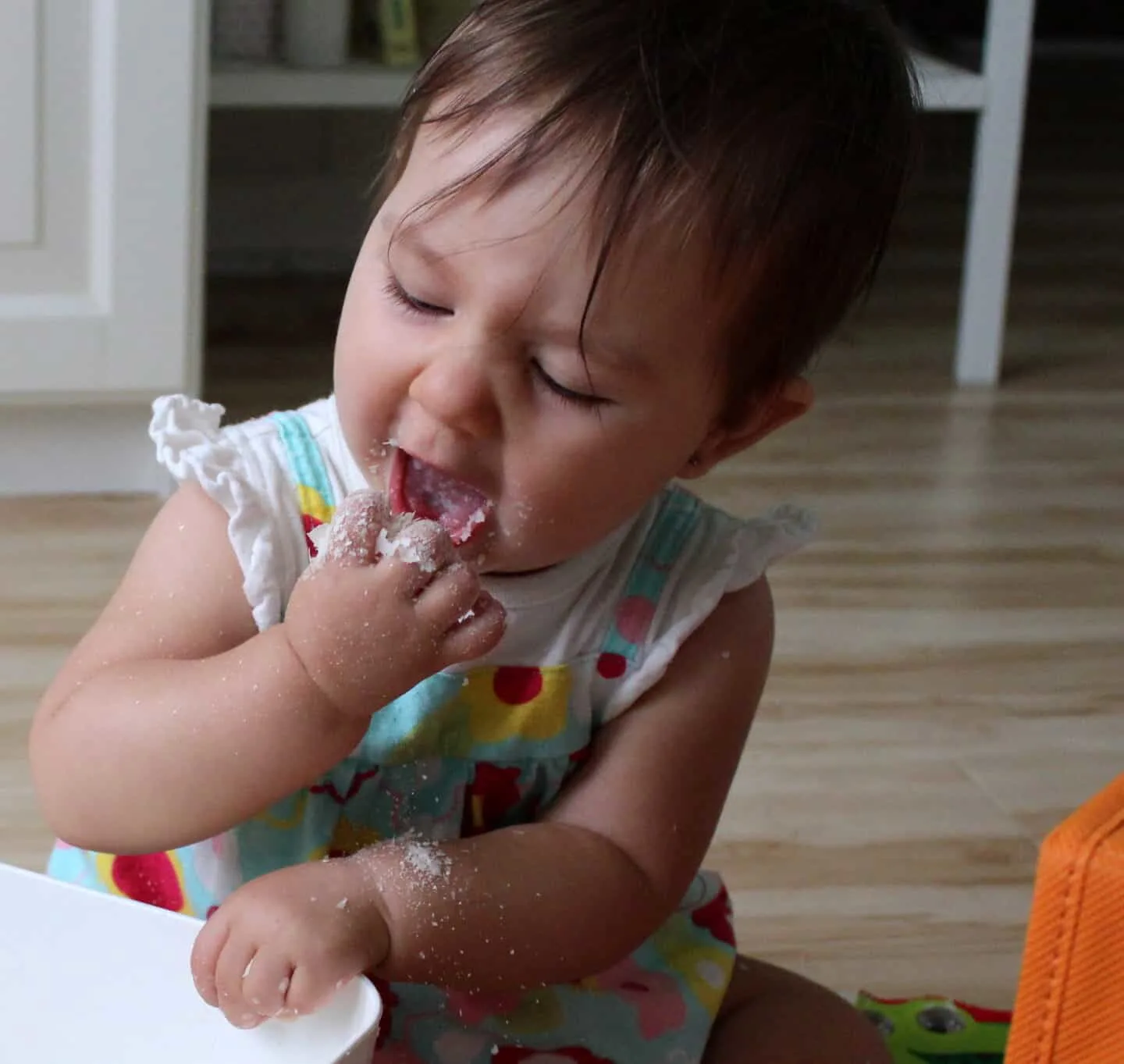 baby sensory play with dry mashed potato flakes