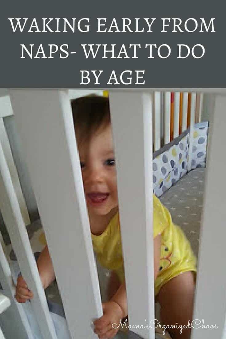 Baby in crib smiling after waking early from a nap. "waking early from naps- what to do by age"
