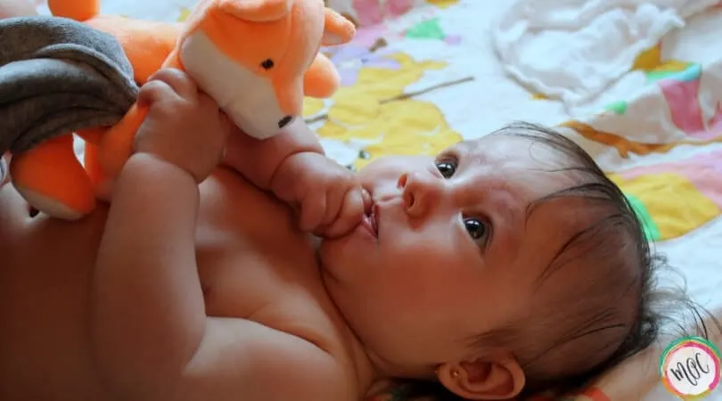 Baby just ate and is having the "wake" portion of the eat wake sleep cycle. She is lying on a blanket holding an orange fox.