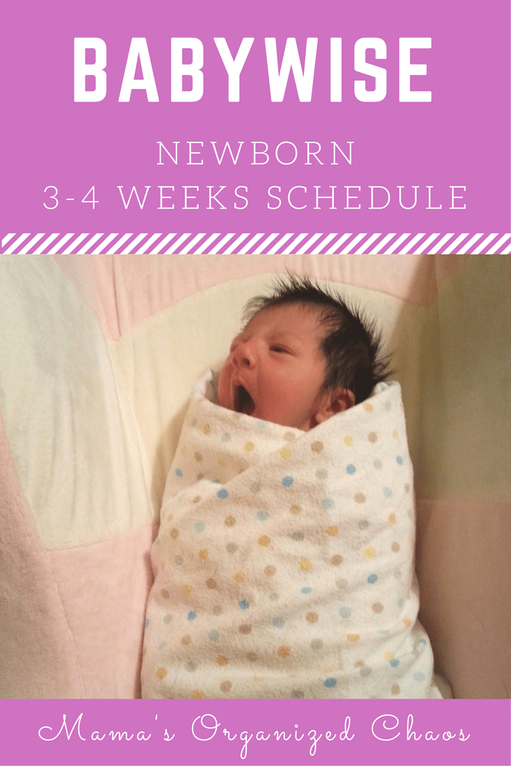 Baby that is 3-4 weeks of age, swaddled and lying in a day dreamer yawning. All about her babywise schedule at this age.