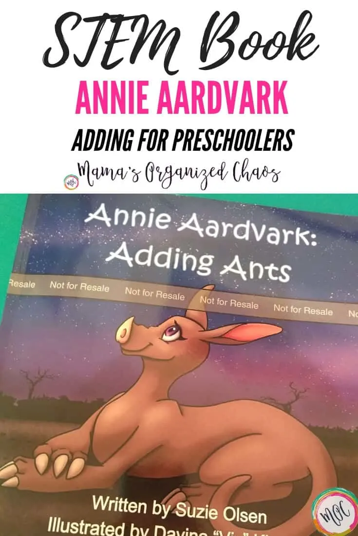 STEM BOOK Annie Aardvark Adding for Preschoolers- front cover with the aardvark sitting under a night sky. #giveaway