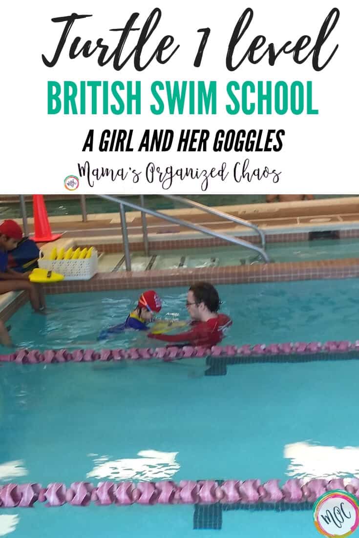 British Swim School- A Girl and Her Goggles turtle 1 level british swim school, learning to do freestyle and move arms while putting face in the water.