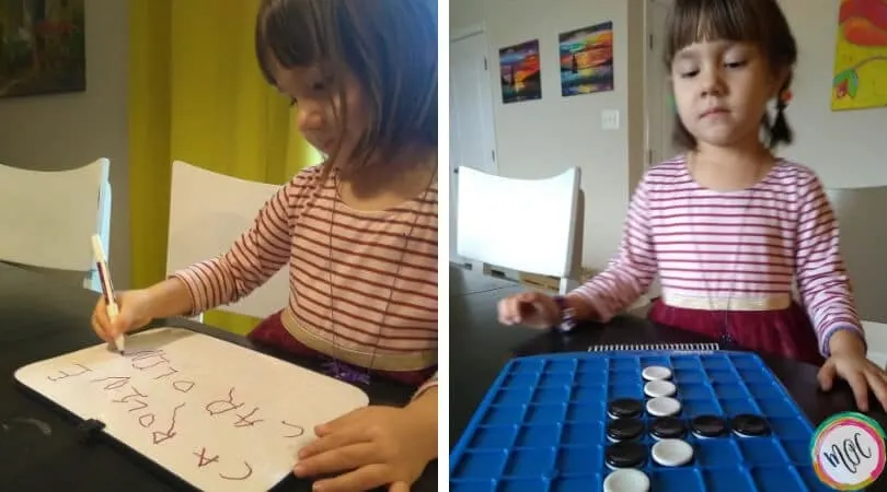 4 year old writing her name and playing othello