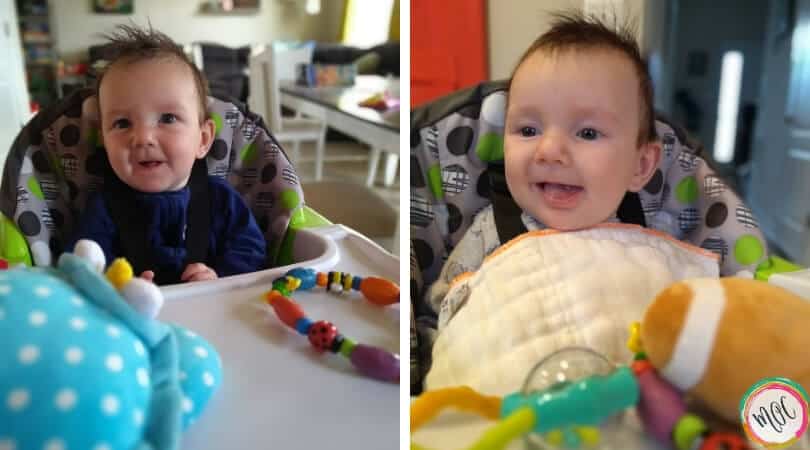 supported sitting 4 months old smiling baby