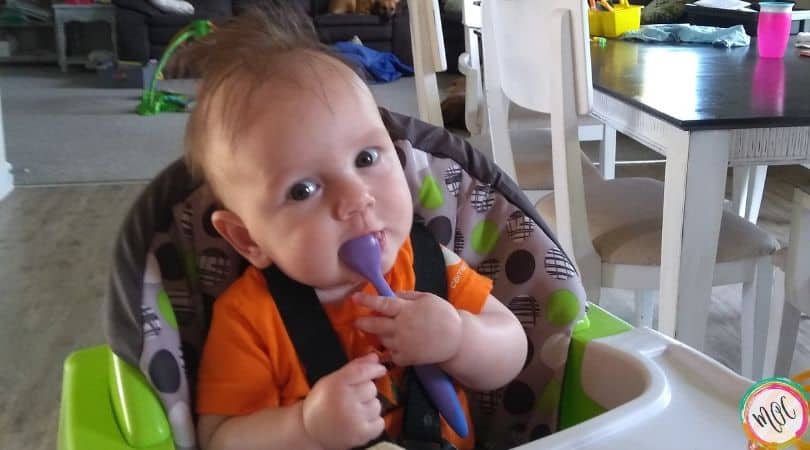 baby sitting in highchair holding spoon
