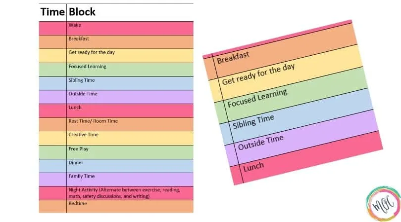 free printable block schedule for kids